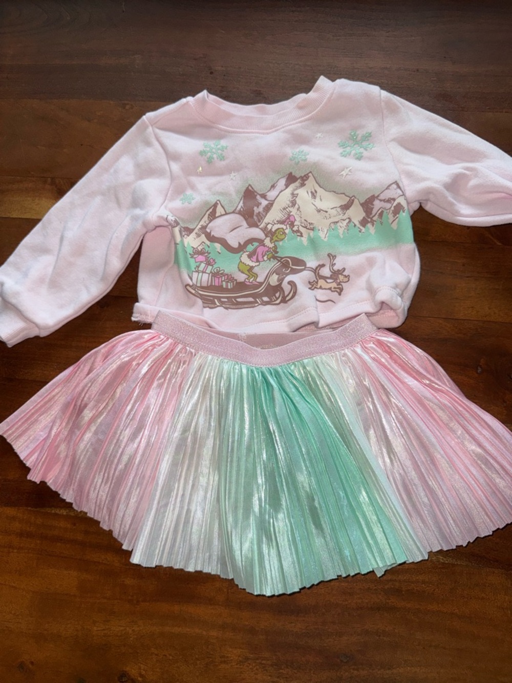 Girls Pink & Mint Holiday Sweater Top and Pleated Skirt Matching Set